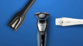 「青い背景上のフィリップスのグルーミング デバイス: 男性用パーソナル ケア用の電気シェーバー、ヒゲトリマー、洗顔ブラシ。」